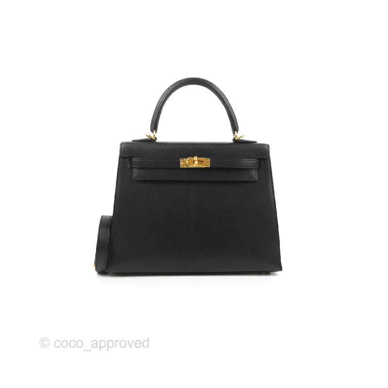 Hermes Kelly Sellier 25 Black Chevre Chamkila Gold Hardware