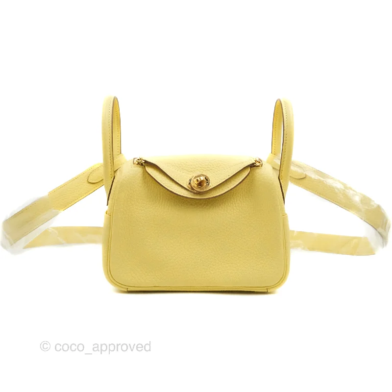 Hermès Mini Lindy 20 Taurillon Jaune Poussin Clemence Gold Hardware