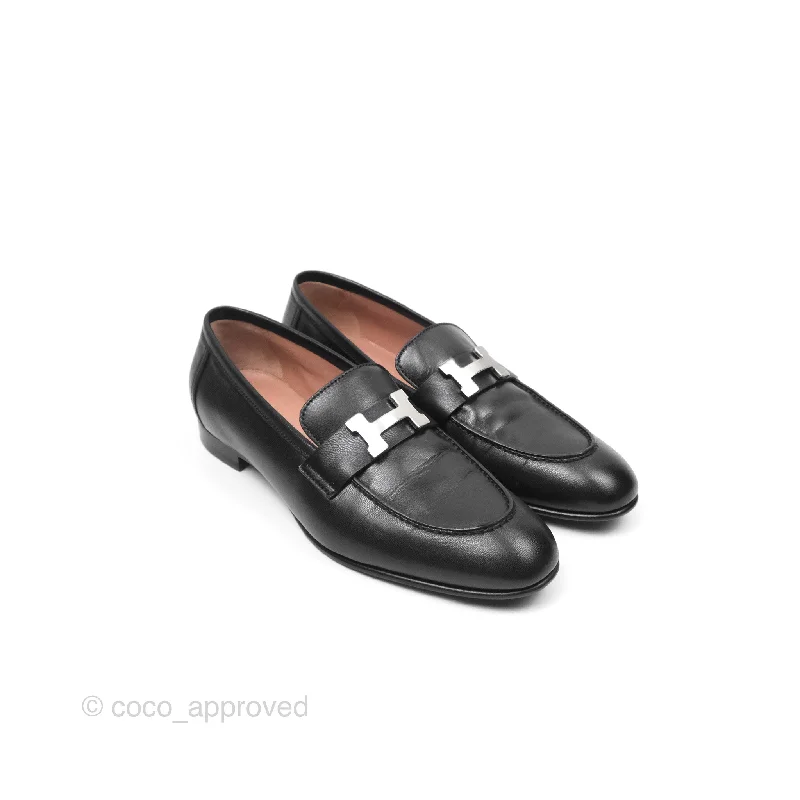 Hermès Paris Loafer Black Goatskin Palladium H Buckle Size 37.5