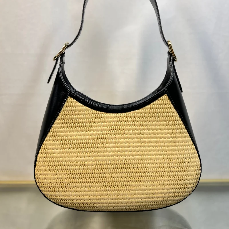 Prada Beige Natural Raffia Woven Black Calfskin Leather Shoulder Bags