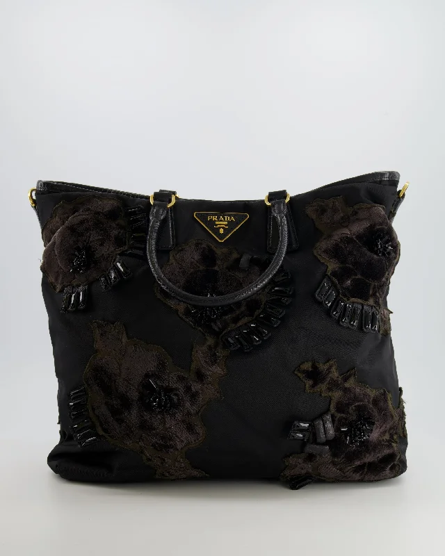 Prada Black Nylon Tote Bag with Gold Hardware, Velvet and Crystal Embroideries