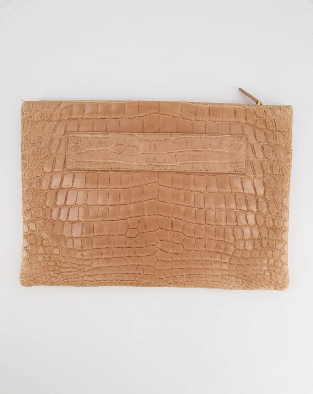 Prada Beige Crocodile Large Pouch Bag with Gold Hardware