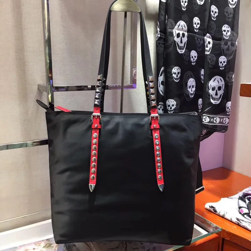 Prada Black Nylon Tote Bag With Studded Handles